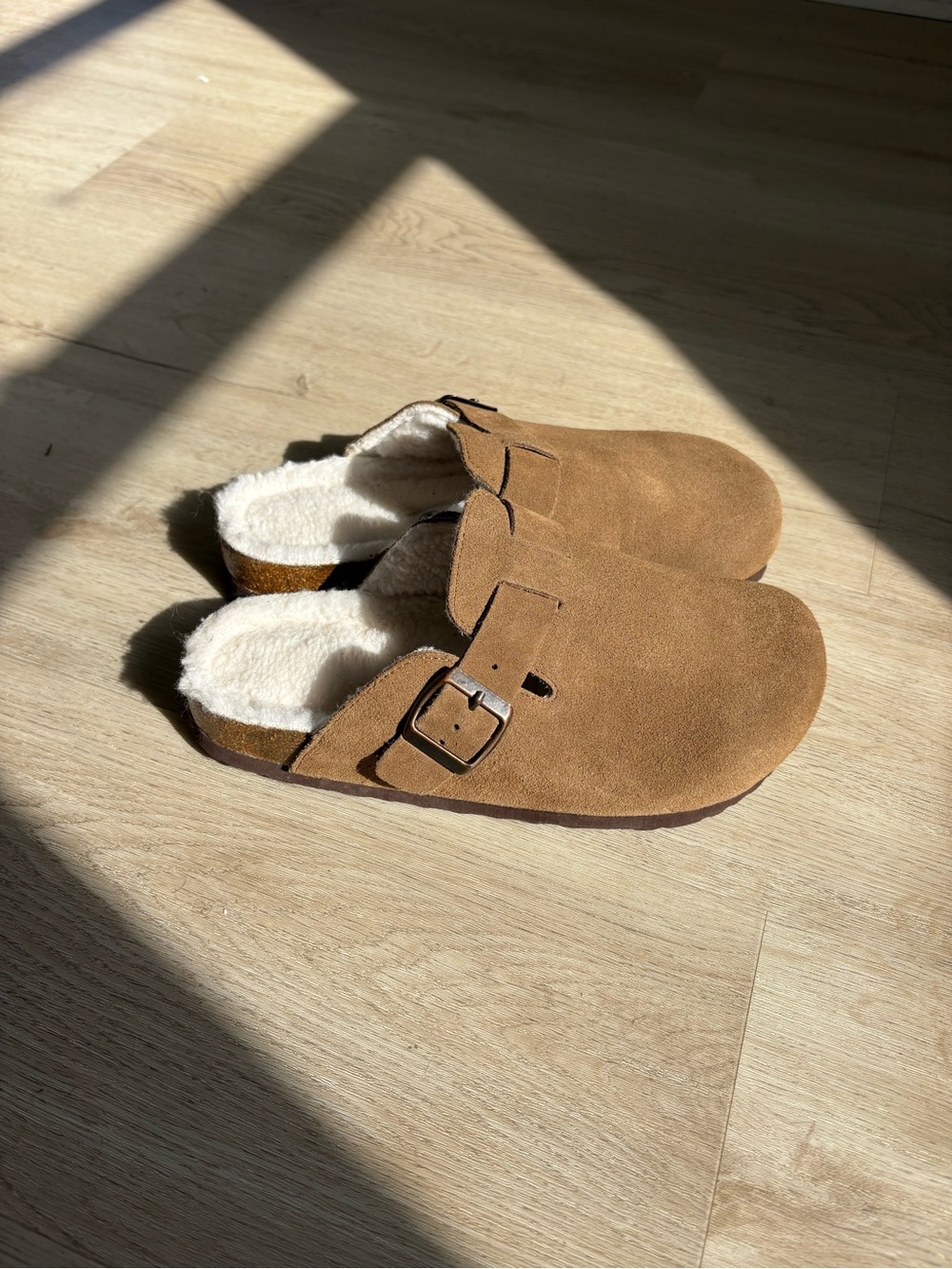 Men's Suede Buckle Slip-On Clog with Shearling Lining - Brown
